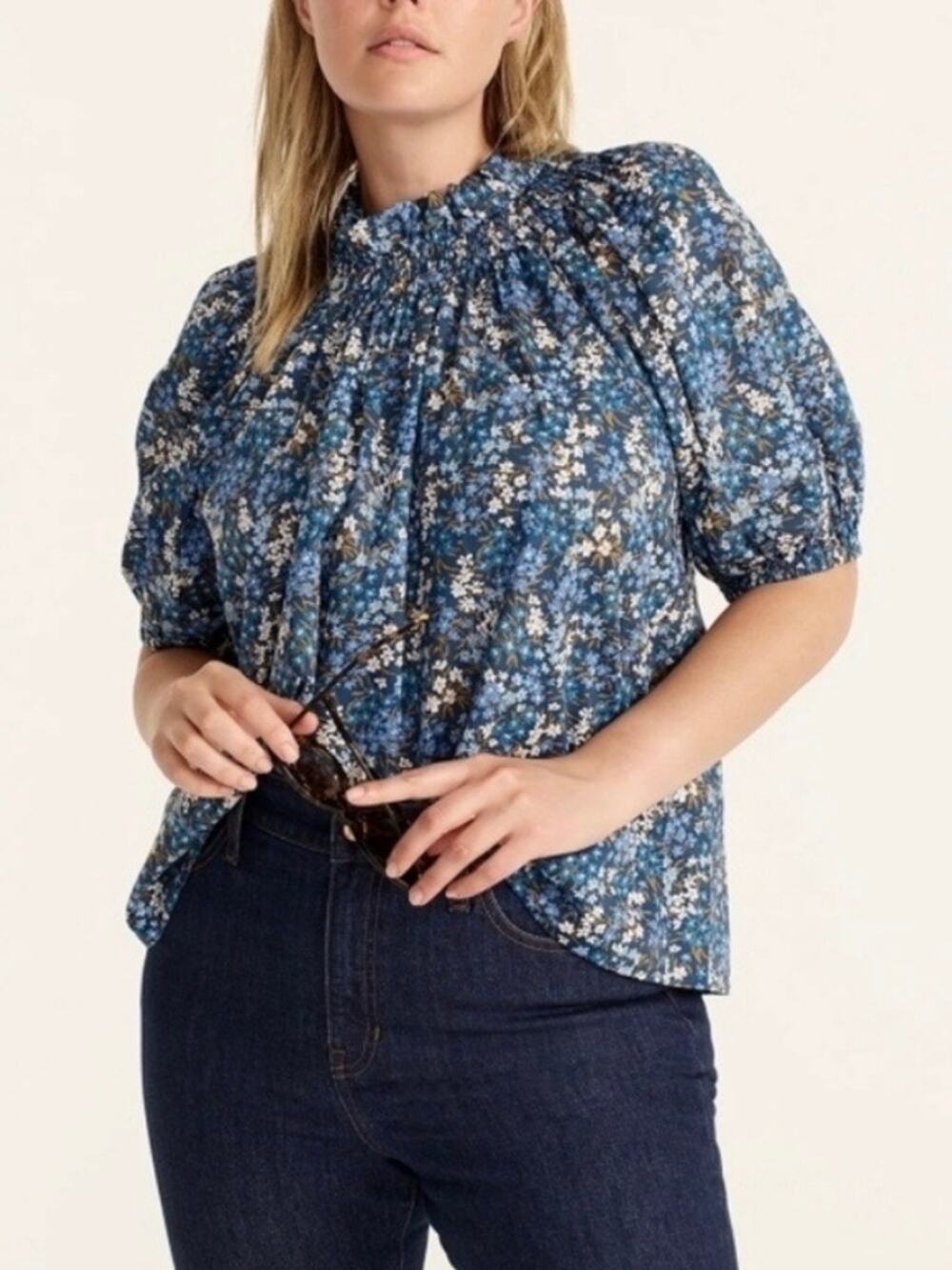 J. Crew Smocked Neck Puff Sleeve Top in Liberty Fabric Sea Blossoms Size Large